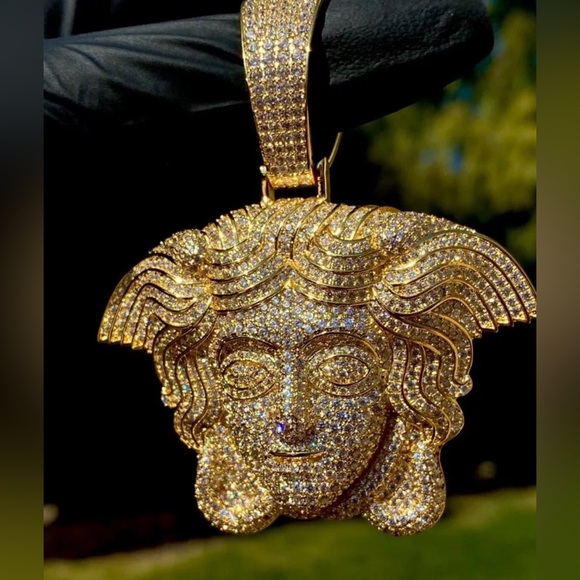 Men CZ Diamond Ice Out Medusa 14K Gold Plated  Big Iced Chain+Pendant 14m 22Inch - Picture 3 of 10